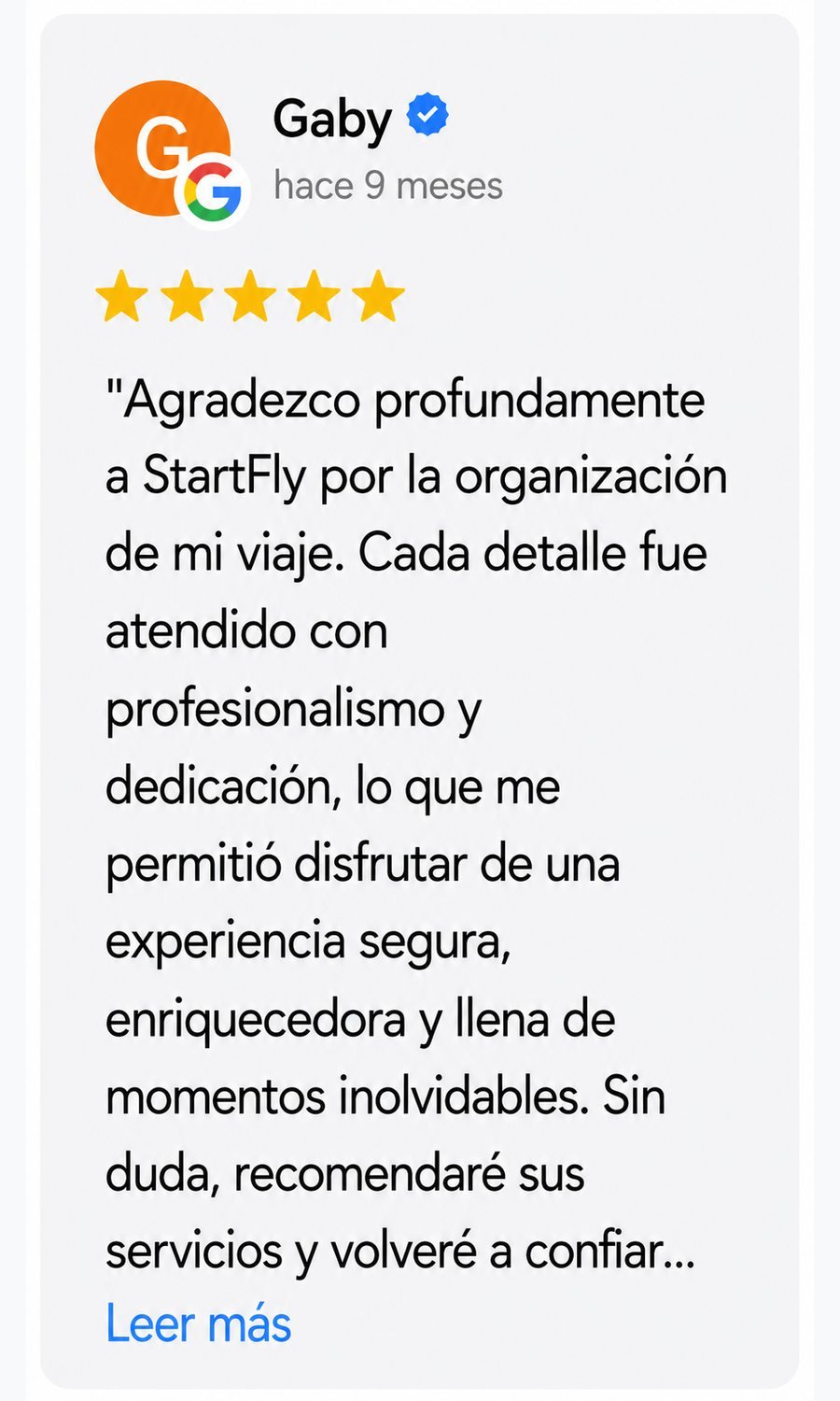 Reseña de Google de Gaby sobre StartFly